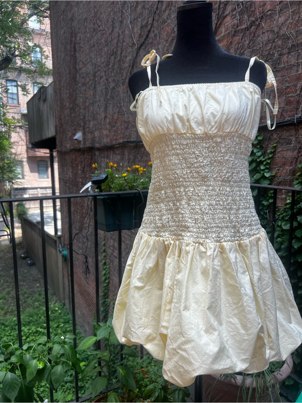 Motel Butter Yellow Smocked Tie-Strap Mini Dress